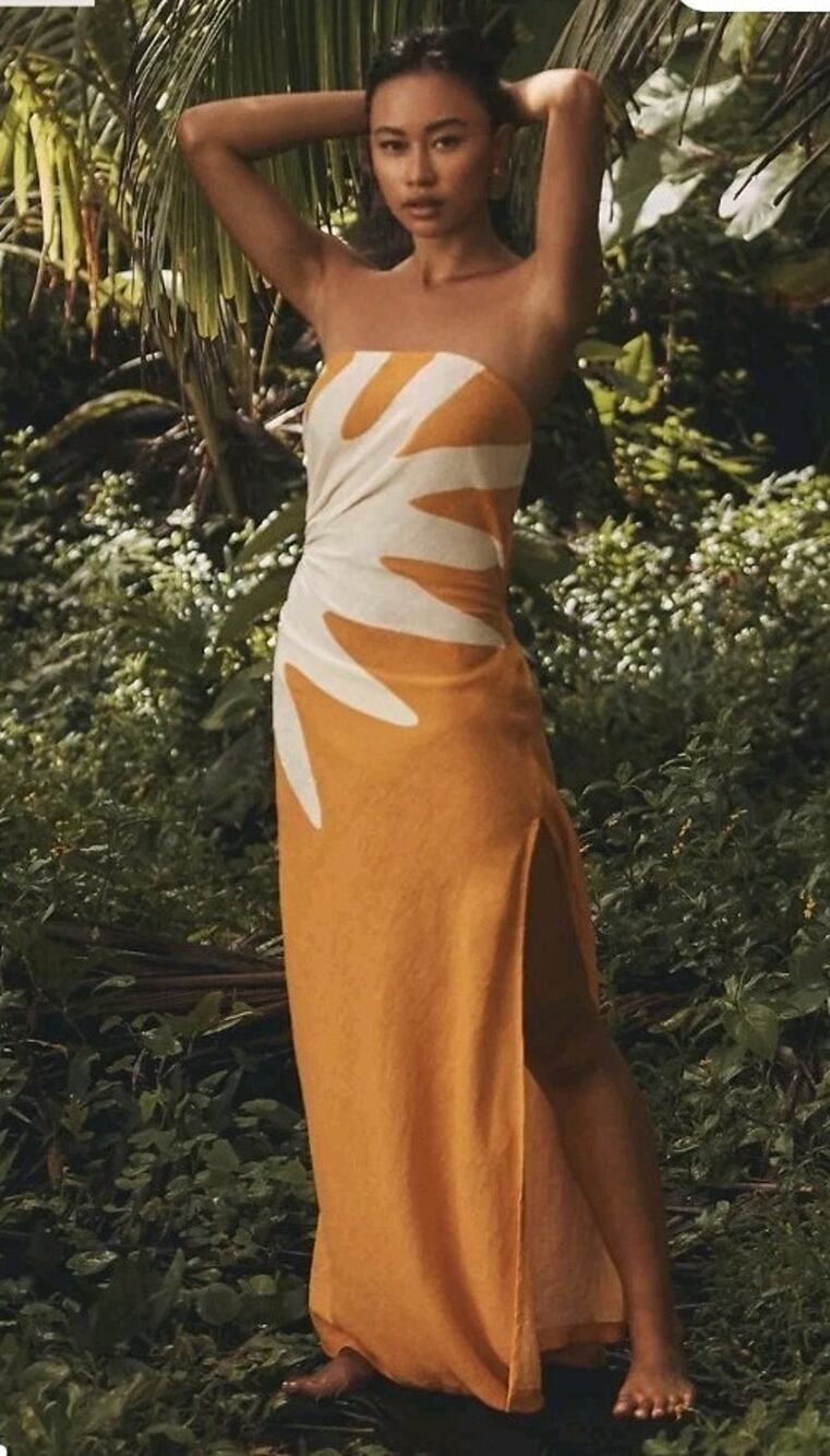 Anthropologie Celandine Dress SZ M Strapless Cutout Linen Blend Euro Summer NWT